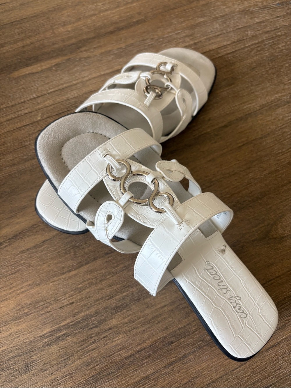 White Women's Croc-Texture Slide Sandals with Silver Hardware